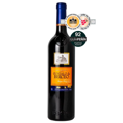 Gonzalo de Berceo Gran Reserva Red Wine 750ml 2011 bottle with awards, Rioja, Spain, Tempranillo, 14% ABV, elegant design.