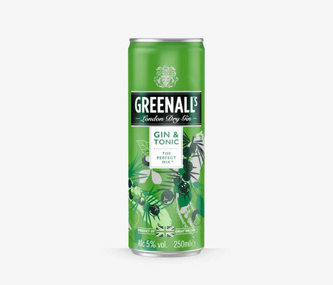 Greenall's Gin and Tonic 250ml can, 5% ABV, ready-to-drink cocktail from the UK with crisp London Dry Gin and tonic water.