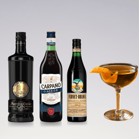 Hanky Panky Cocktail ingredients: bottles of gin, sweet vermouth, Fernet-Branca, and a cocktail glass with an orange peel garnish.
