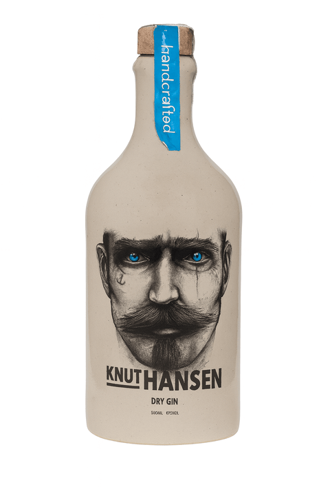 Knut Hansen Dry Gin 50cl bottle with blue-eyed sailor illustration, handcrafted premium German spirit, 42% ABV.