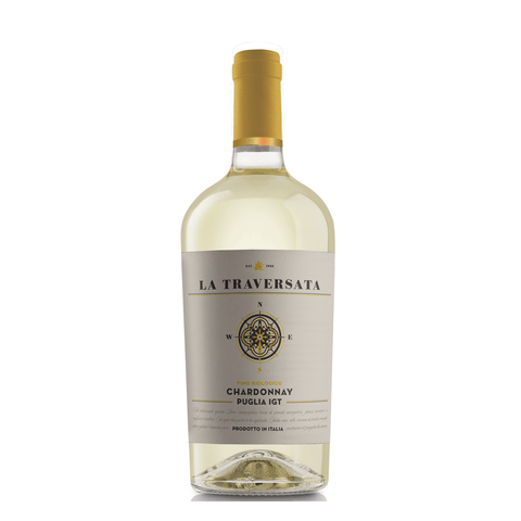 La Traversata Chardonnay White Wine 750ml bottle from Puglia IGT, Italy with label showing compass rose and gold foil top.