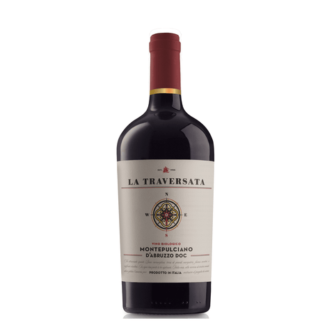La Traversata Montepulciano d’Abruzzo DOC Red Wine 750ml bottle from Italy, showcasing label and classic design.
