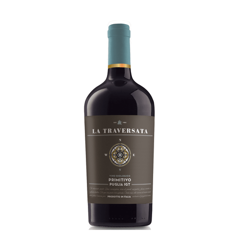 La Traversata Primitivo Red Wine 750ml bottle from Puglia, Italy, featuring organic, full-bodied flavor notes of blackberry and vanilla.