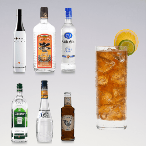 Long Island cocktail with vodka, tequila, white rum, gin, triple sec, lemon juice, and cola, featuring brands like Goral and Sombrero Negro.