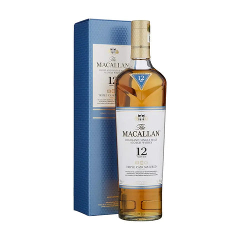 Macallan 12-Year-Old Triple Cask Scotch Whisky 70cl bottle and box, showcasing premium smooth flavor and elegant packaging.