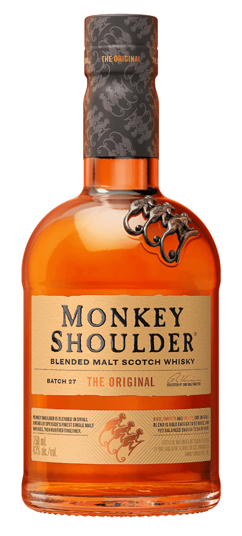 Monkey Shoulder Blended Malt Scotch Whisky 1L bottle, 40% ABV, from Scotland, showcasing its unique triple malt craftsmanship.