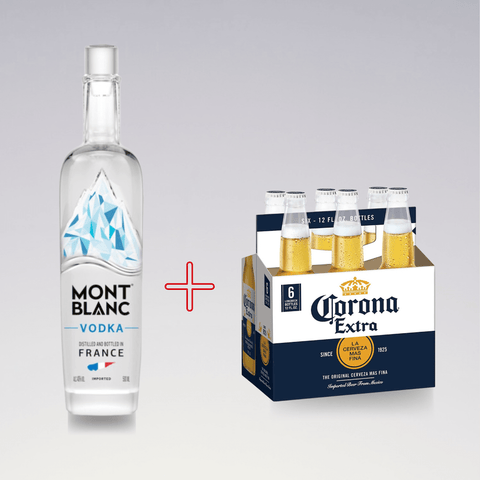 Mont Blanc Vodka 1L and Corona Extra Beer 330ml x6 bundle, featuring premium spirits and refreshing beverages.