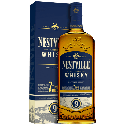 Nestville 9-Year-Old Blended Whisky 70cl bottle and box, showcasing premium Slovakian whisky with notes of vanilla and caramel, 40% ABV.