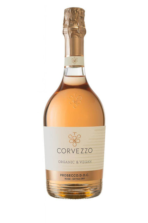 Bottle of Organic Prosecco Rosé Sparkling Wine 75cl 11.5% ABV from Italy, vegan-friendly, with pale pink hue and elegant packaging.