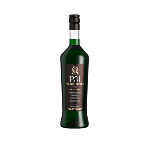 P31 Green Bitter 1L bottle, 25% ABV, Italian aperitif with herbal blend and natural green color.