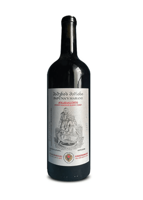 Papunas Marani Kindzmarauli Red Semi-Sweet Wine 750 ml bottle from Georgia with Saperavi grapes label.