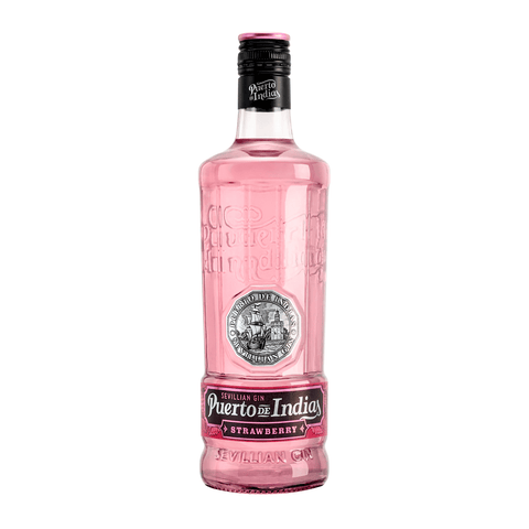 Puerto de Indias Strawberry Gin 750ml bottle with pink hue, combining juniper and Spanish strawberries, 37.5% ABV from Seville, Spain.