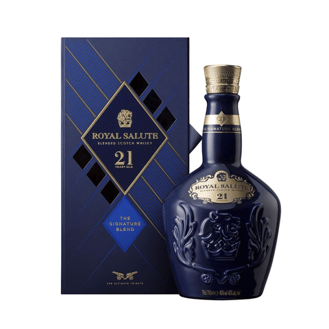 Royal Salute 21 Year Old Scotch Whisky bottle and box, The Signature Blend, luxury aged whisky from Scotland with elegant blue packaging.