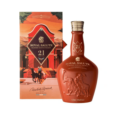 Royal Salute 21Y Scotch Whisky Polo Estancia Edition bottle and packaging, 0.7L, luxury blended whisky from Scotland.