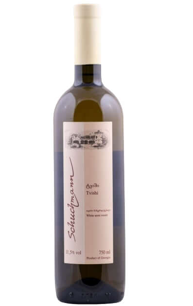 Bottle of Schuchmann Tvishi White Semi-Sweet Wine, 750 ml, 11.5% alcohol, with label showcasing Georgian origin and Tsolikouri grape.