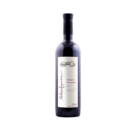 Schuchmann Khvanchkara 750ml red wine bottle, naturally semi-sweet from Georgia, features Alexandrouli and Mujuretuli grapes.