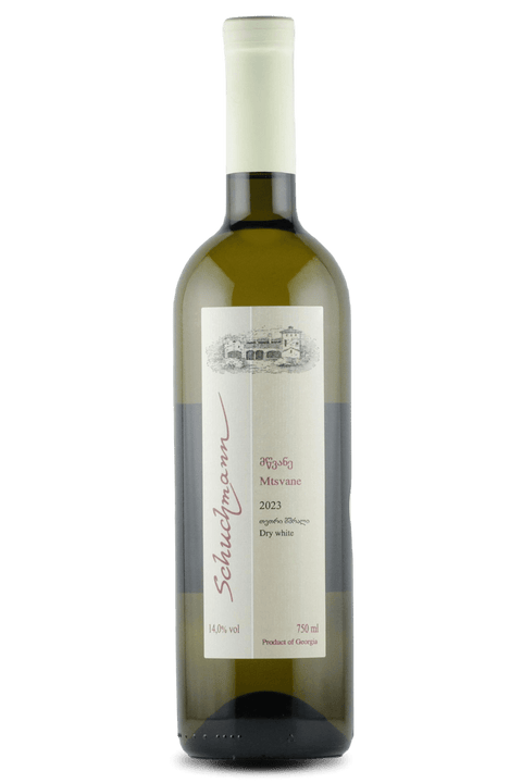 Schuchmann Mtsvane Wine 750ml bottle with 13% alcohol, featuring Rkatsiteli grapes from Georgia's Kakheti region.