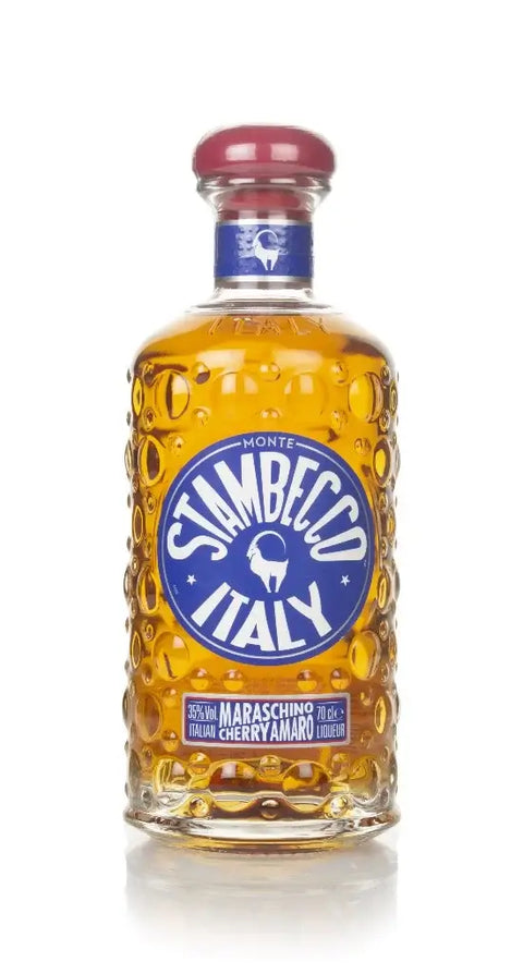 Bottle of Stambecco Maraschino Cherry Amaro Liqueur, 70cl, 35% ABV, Italy, with a blue label and embossed glass design.