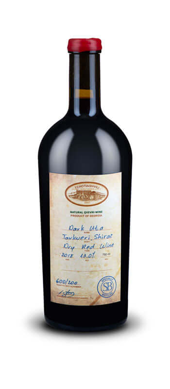 Tchotiashvili Dark Uta Red Wine 750ml, 2019 vintage from Kakheti, Georgia, showcasing its rich pomegranate color with berry aroma.