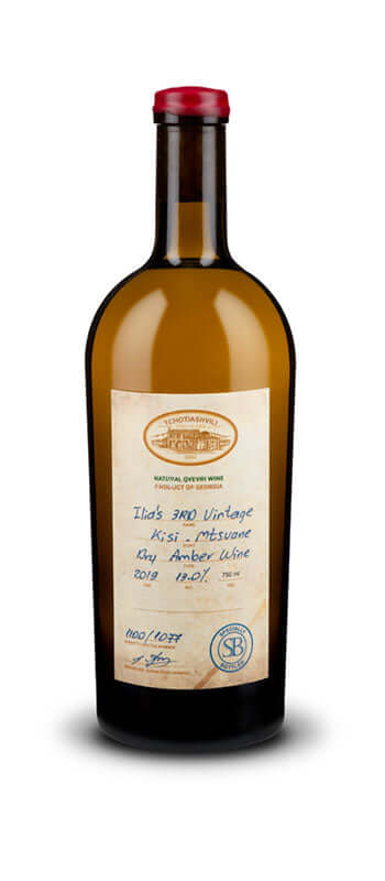 Bottle of Tchotiashvili Ilias 3rd Vintage Red Wine 2019 from Kakheti, Georgia with label and red cap, 13% alcohol content.