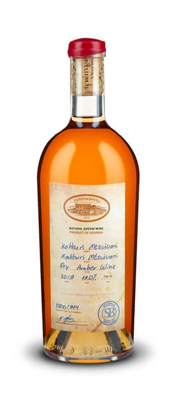 Tchotiashvili Kakhuri Mtsvivani Amber Wine 2019 bottle from Kakheti, Georgia, made using traditional qvevri method.