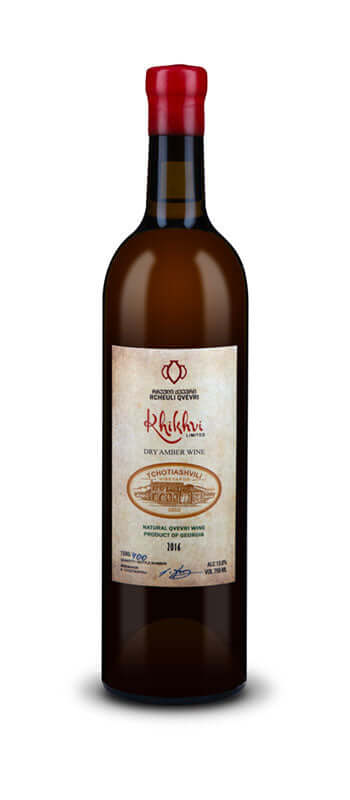 Bottle of Tchotiashvili Khikhvi Amber Wine 2019 from Kakheti, Georgia, showcasing premium qvevri wine made from Khikhvi grapes.
