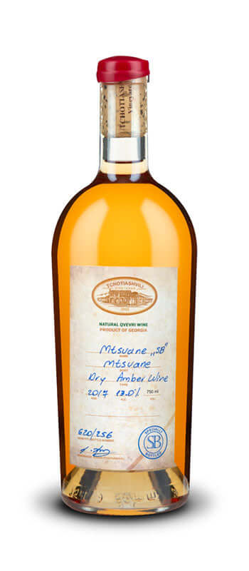 Tchotiashvili Mtsvane Dry White Wine 2017 bottle with golden-straw color, produced in Kakheti, Georgia, featuring 13% ABV.