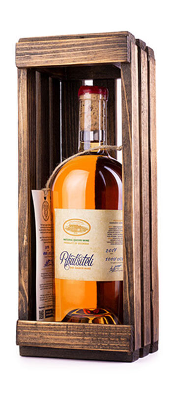 Tchotiashvili Rkatsiteli Dry White Wine 2017 in wooden box, amber color, traditional Qvevri method, Kakheti, Georgia