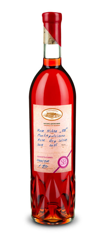 Tchotiashvili Rosé Nitsa Wine 2019, a dry rosé wine from Kakheti, Georgia, made in Qvevri, with red berry aroma and rich phenol compounds.