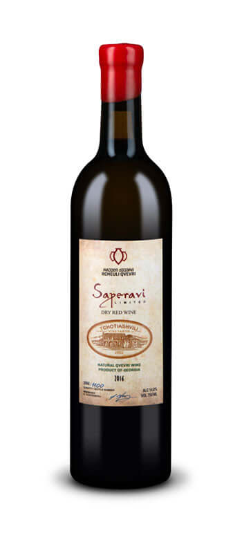 Tchotiashvili Saperavi Red Wine 2018 from Kakheti, Georgia, 750ml bottle with rich berry aroma and traditional Qvevri production.