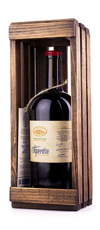 Tchotiashvili Saperavi 2017 red wine in wooden crate, Kakheti, Georgia, Qvevri style, 750ml, dry with pomegranate color and fruity aroma.