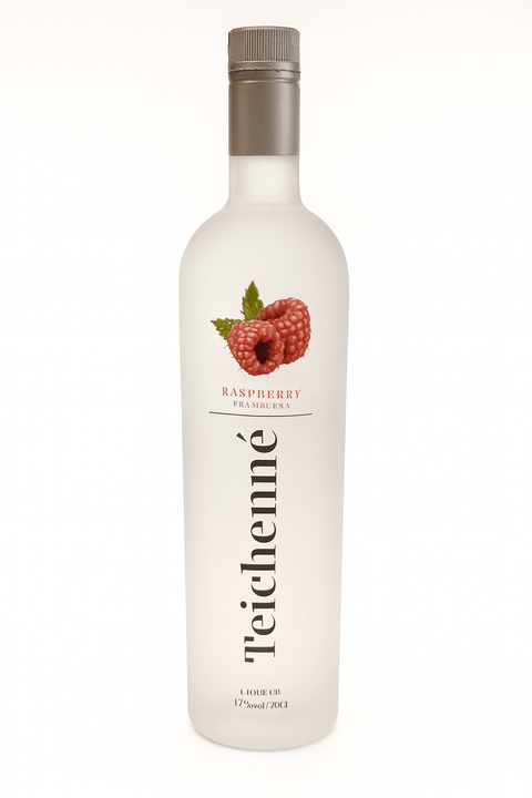 Teichenne Raspberry Liqueur 700ml bottle with 17% ABV from Spain, featuring a frosted design and raspberry illustration.