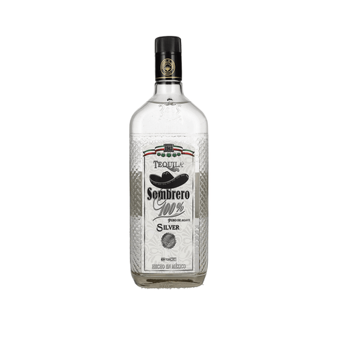 Sombrero Silver Tequila 1L bottle, 100% agave, 38% alcohol from Mexico, showcasing premium blanco tequila with pure agave flavor.