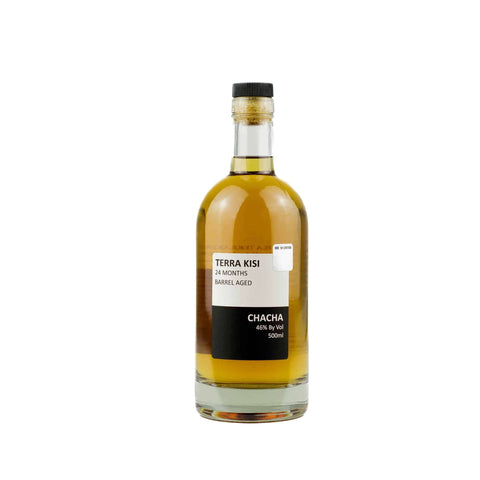 Bottle of Terra Kisi Chacha Oaked 2Y, Georgian grape spirit, 0.5L, 46% ABV, aged in oak barrels for 2 years, golden hue, complex flavors.