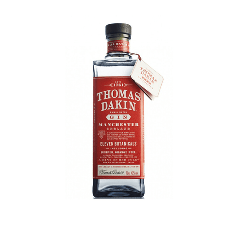 Thomas Dakin London Dry Gin 1L bottle featuring eleven botanicals, handcrafted in England. Alcohol content 42%.