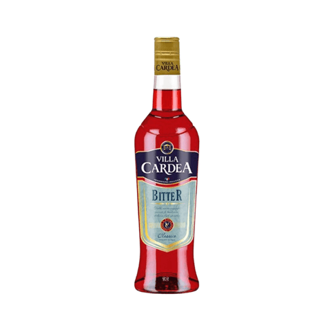 Bottle of Villa Cardea Bitter, 1L, 25% ABV, Italian aperitif with ruby-red color, ideal for cocktails and aperitivo.
