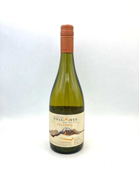 Volcanes Tectonia Chardonnay Wine 750ml bottle with label, 13% alcohol from Chile, showcasing a fresh and crisp wine flavor.