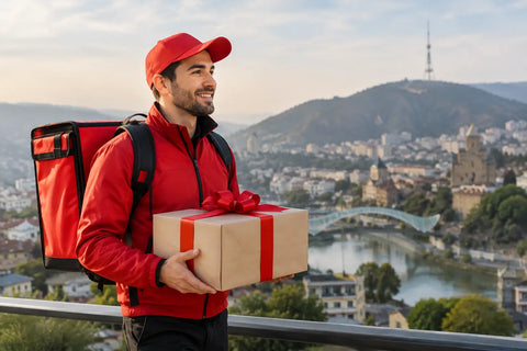 Courier delivering a gift in Tbilisi, showcasing emergency celebration delivery Tbilisi service with cityscape background.
