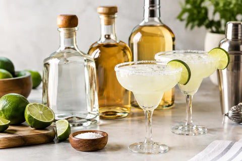Assorted tequila bottles with margaritas for tequila selection for margaritas at home.