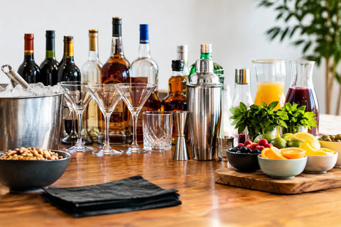 Party bar essentials including wine, spirits, mixers, and garnishes arranged for a lively party atmosphere.