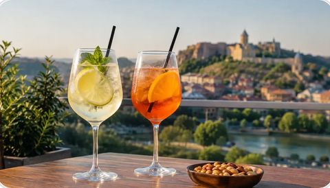 Low Alcohol Trends in Tbilisi with summer cocktails and a city view.
