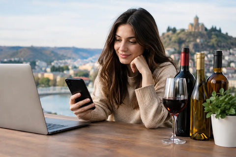 Woman researching safe online alcohol shopping Tbilisi with laptop and phone, bottles and glass of wine, city view in background