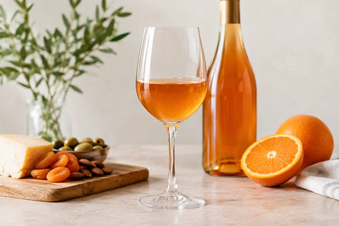 Glass of orange wine with bottle, cheese, and fruits, illustrating elements from an orange wine guide.