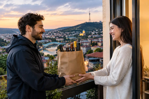 Couple exchanging bag of drinks for late night alcohol delivery Tbilisi with cityscape view.