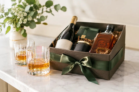 Luxury gift box featuring wine, whisky, and glasses for personalized alcohol gifts.