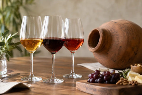 Three wine glasses with qvevri wine tasting experience on a wooden table, accompanied by cheese, grapes, and a traditional qvevri vessel.