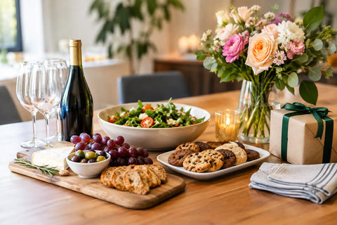 Dinner party gift ideas: elegantly set table with wine, salad, cookies, fruits, bread, and flowers, perfect for a host gift.