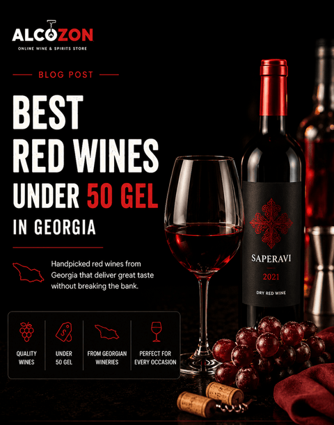 Wine bottles and glass showcasing Best Red Wines Under 50 GEL in Georgia, featuring Saperavi and quality Georgian wines.