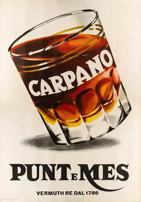 Vintage Carpano Punt e Mes poster, showcasing a glass of vermouth for SPIRITS GUIDE readers.