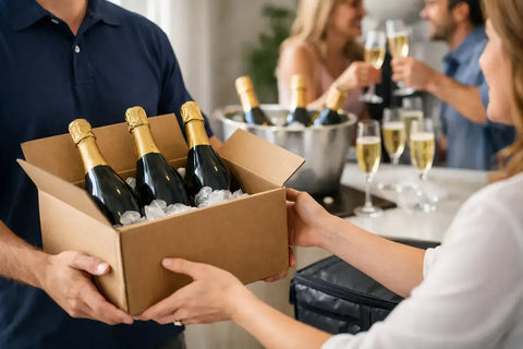 Person receiving a box of Prosecco bottles at a party, highlighting Prosecco for easy delivery and celebration convenience.